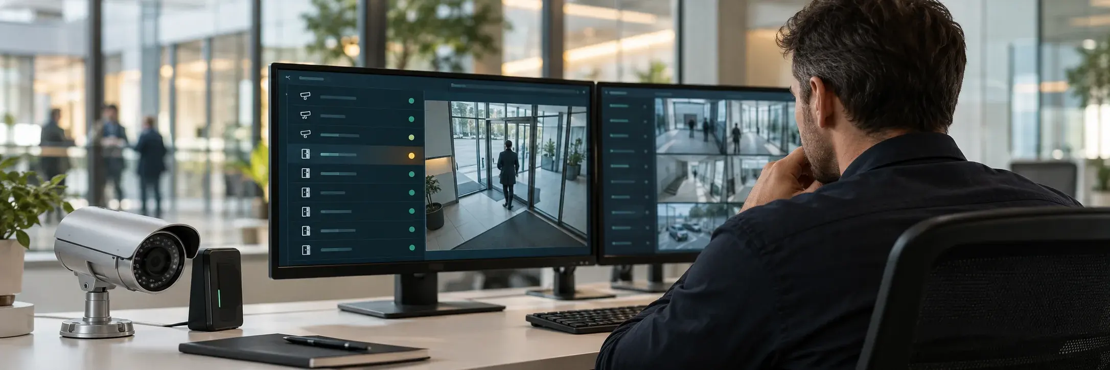 Illustrative security operations workspace with a camera, access reader and monitoring screens