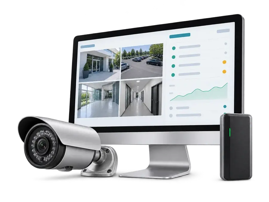 Illustrative security monitor showing camera feeds and device risk indicators beside a camera and access reader